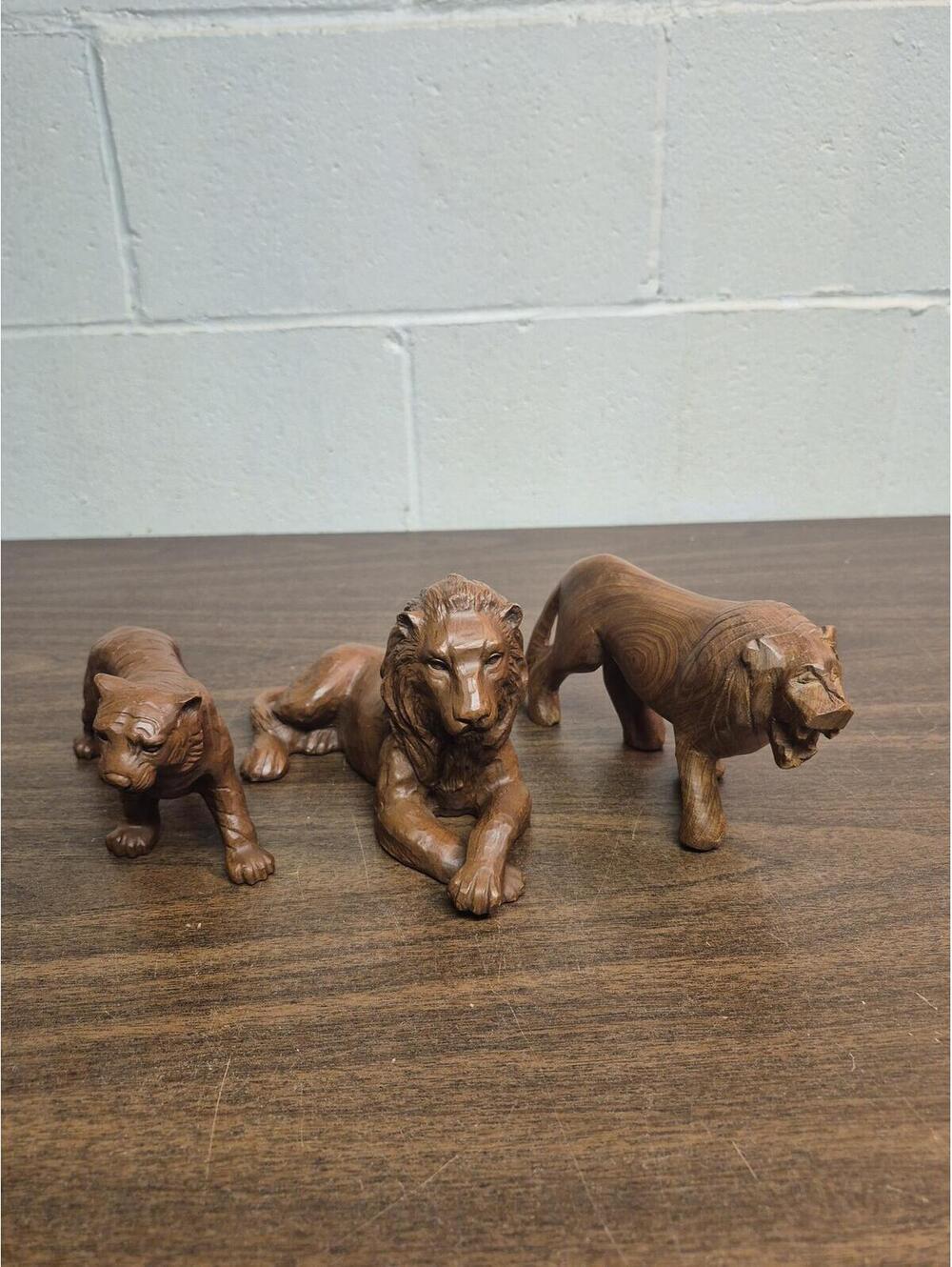 Set of 3 Hand-Carved Wooden Lion Figurines